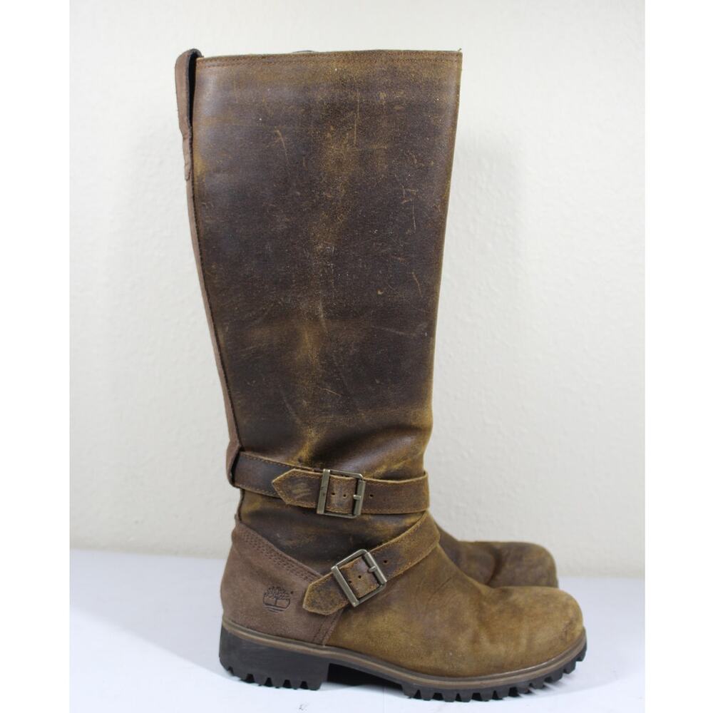 Brown Leather Knee-High Buckle Boots
